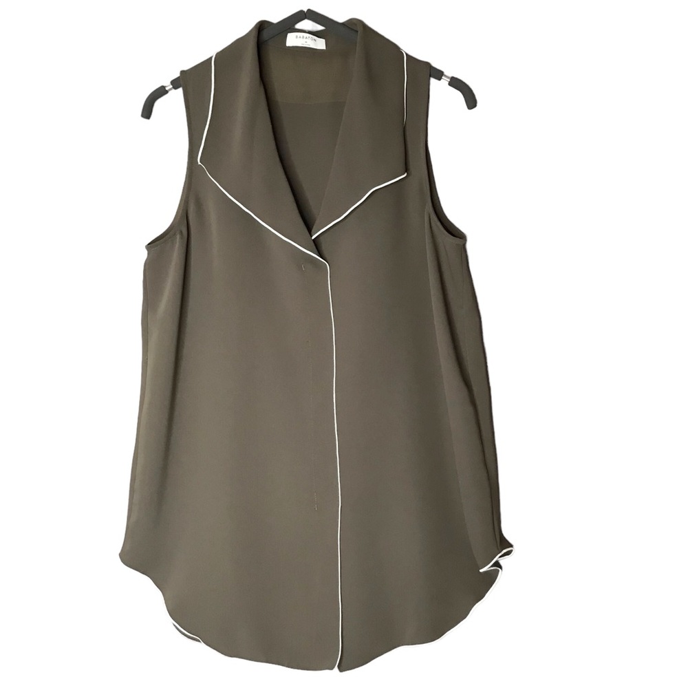 Medium Babaton Sleeveless Blouse Top Shirt Brown Piping Modern Sleeveless